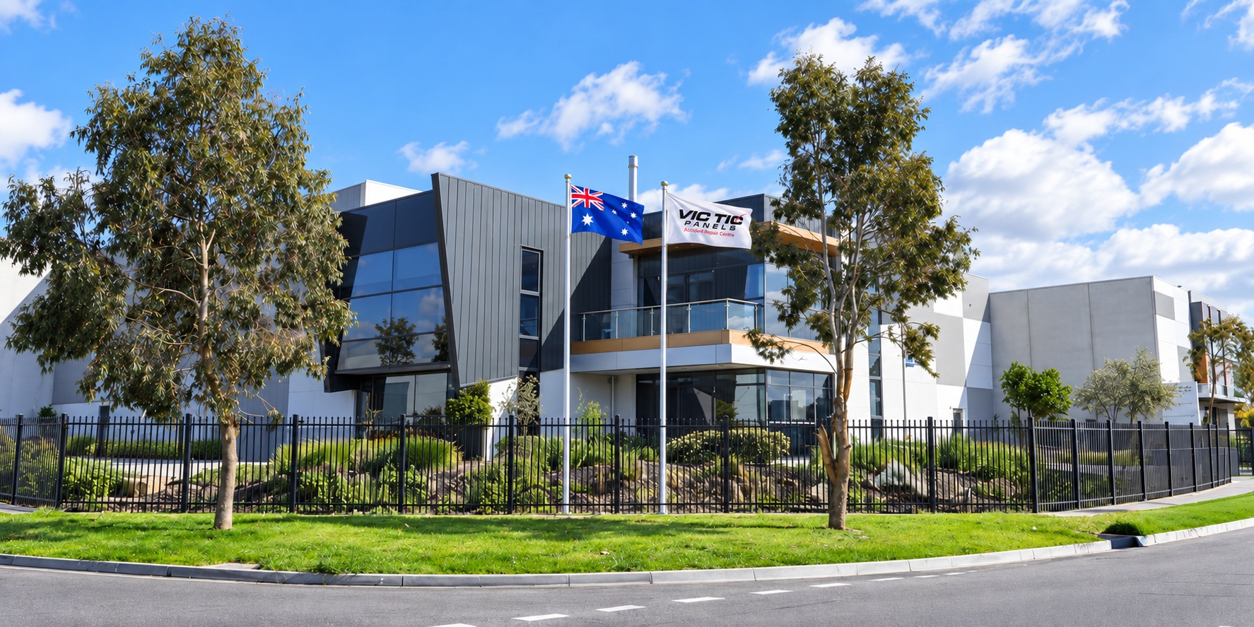 Vic Tic Panels workshop in Somerton with the Australian and Assyrian flags